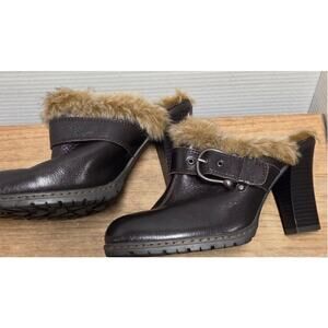 BOC Born Concept Mule Heels Womens Black Leather Fur Lined Slip On Buckle Shoes